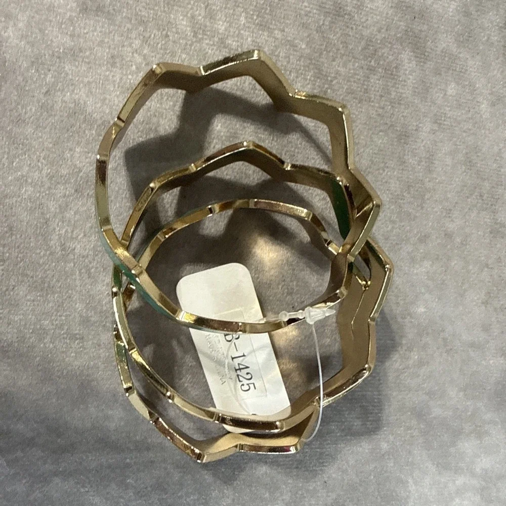 Zigzag Bangle Bracelets Set Of 3 Green Goldtone